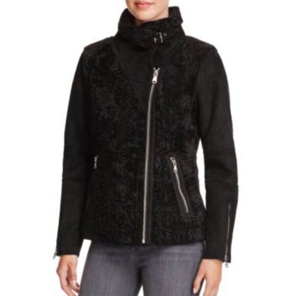 Vince Camuto Black Shearling Moto Zip Winter Coat Medium New - Picture 1 of 8